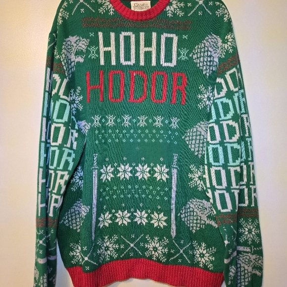 Ugly Christmas Sweater Mens XXL Green Game of Thrones HBO Ho Ho Hodor Pullover - Picture 1 of 10